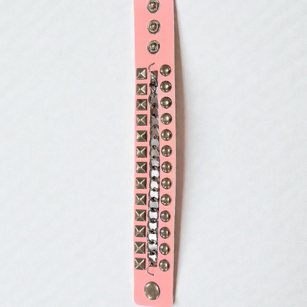 Punk Studded Faux Leather Wristband Gothic Rock Pink Bracelet Double-Row Spikes
